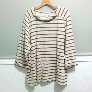 Jeweled Stripe sweatshirt, blue stripe and tan, 3/4 sleeves,banded hem sleeves